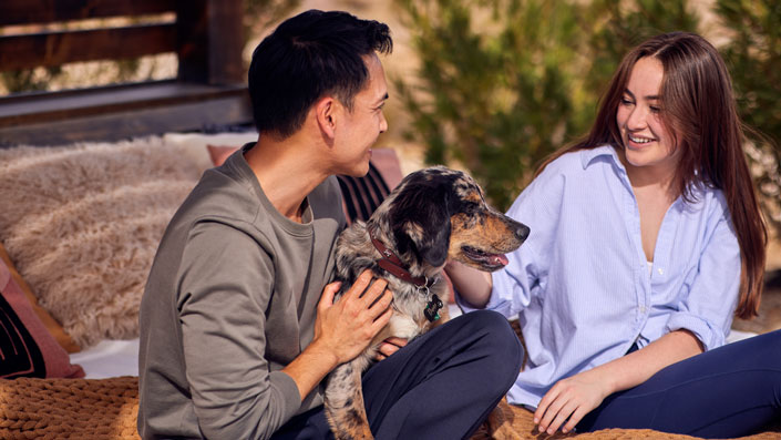 Couple-sitting-outside-on-a-bed-petting-a-dog