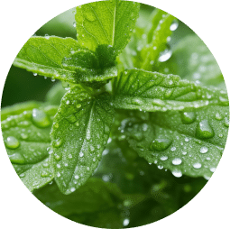 Close-up of a dew-covered stevia plant.